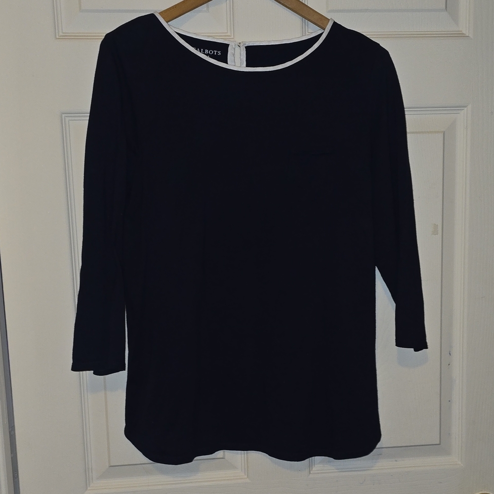 Talbots Navy Long Sleeve Top with White Accents